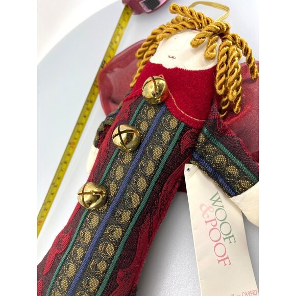 Handcrafted Woof & Poof Angel Ornament With Bells & Red Bow - 13 Inch - Picture 7 of 8